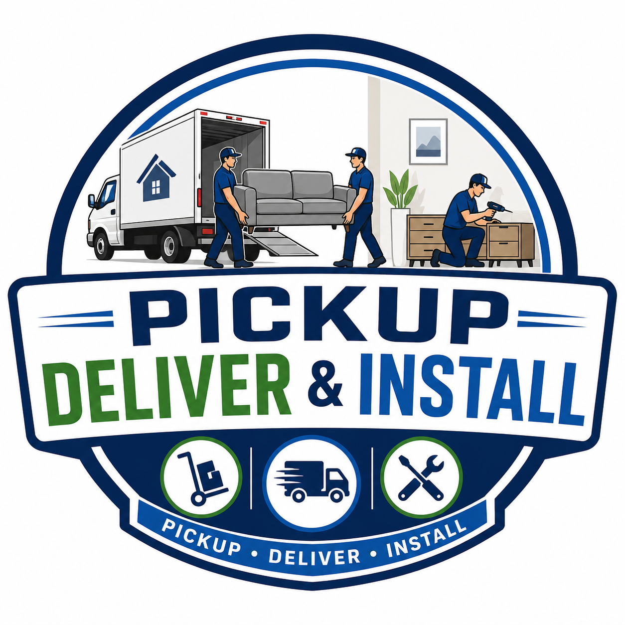Pickup Deliver & Install badge with delivery truck, movers and installer